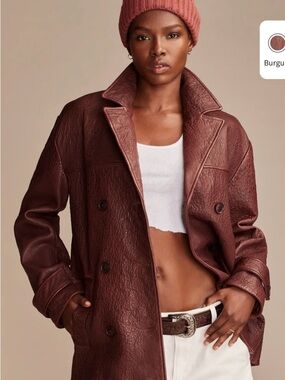 Lucky Brand Burgundy Double-Breasted Leather Peacoat